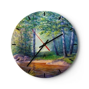 Ceas de perete - Ceas pe sticlă - O pădure pitorească de mesteacăn cu un râu iluminat de razele soarelui - 30x30cm - Cadru idilic - Decorațiune modernă pentru perete pentru living, bucătărie și dormitor ARTTOR