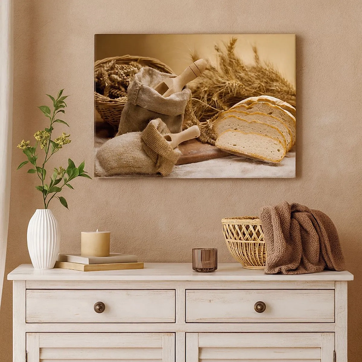 Tablou pe pânză Canvas - Un peisaj cu pâine, făină și spice de grâu în stil rustic. - 70x50cm - Oprire violentă - Decorațiune modernă pentru perete pentru living și dormitor ARTTOR