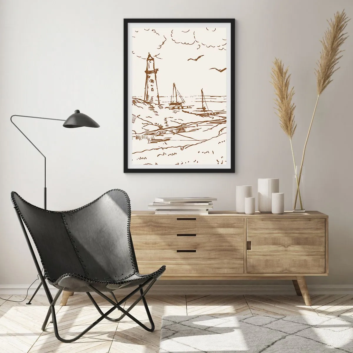 Poster în ramă neagră - Far cu bărci și păsări - 50x70cm - Schiță de amintiri de vară - Decorațiune modernă pentru perete pentru living și dormitor ARTTOR