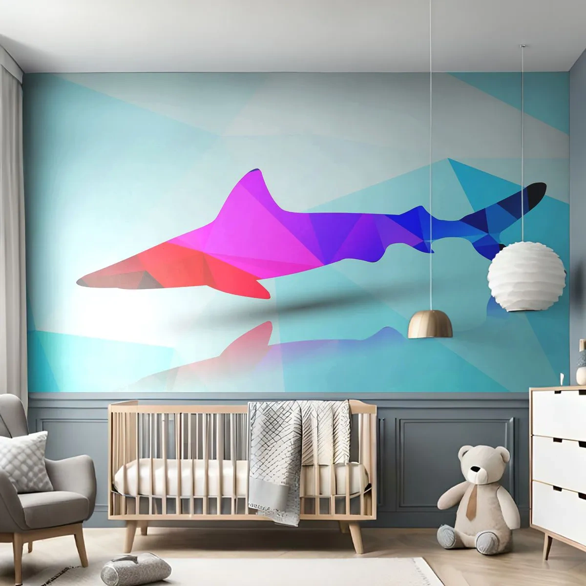 Tapet Premium Sand - Un rechin într-un spațiu cristalin - Animale, Rechin, Figura geometrică - 100x70 cm