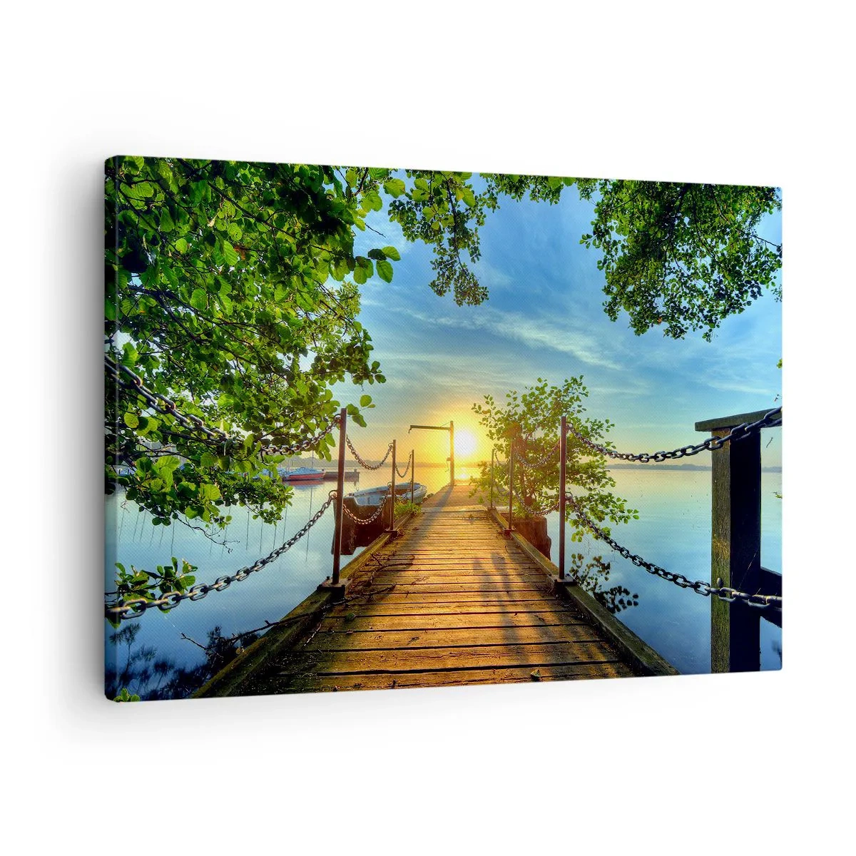 Tablou pe pânză Canvas - Un dig peste lac în razele apusului - 70x50cm - Apusul la malul apei - Decorațiune modernă pentru perete pentru living și dormitor ARTTOR
