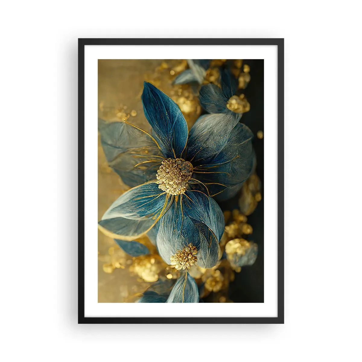 Poster în ramă neagră - Flori aurii și bleumarin într-o compoziție elegantă - 50x70cm - Floare cu aur - Decorațiune modernă pentru perete pentru living și dormitor ARTTOR
