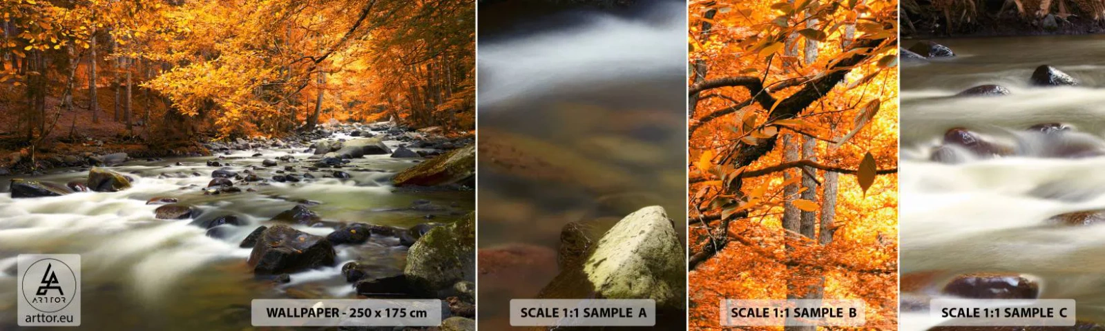 Mostră tapet autocolant Deluxe Sticker - Un pârâu într-o pădure de aur - Peisaj, pădure, Pârâu de munte - 100x30 cm