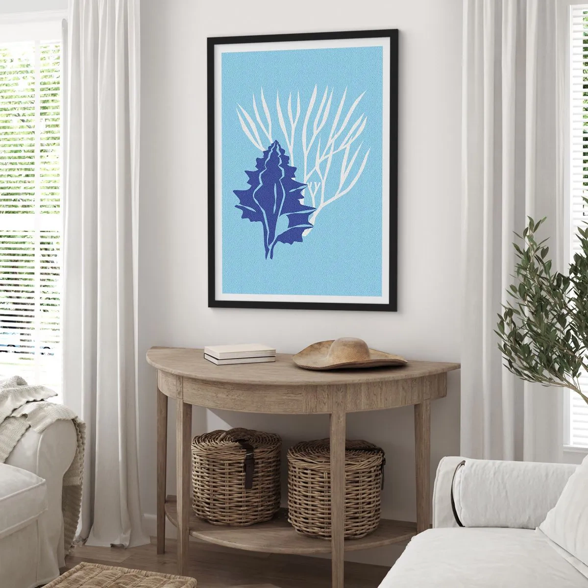 Poster în ramă neagră - Grafică nautică cu scoici și corali pe fundal albastru - 50x70cm - Forme cu frunze - Decorațiune modernă pentru perete pentru living și dormitor ARTTOR