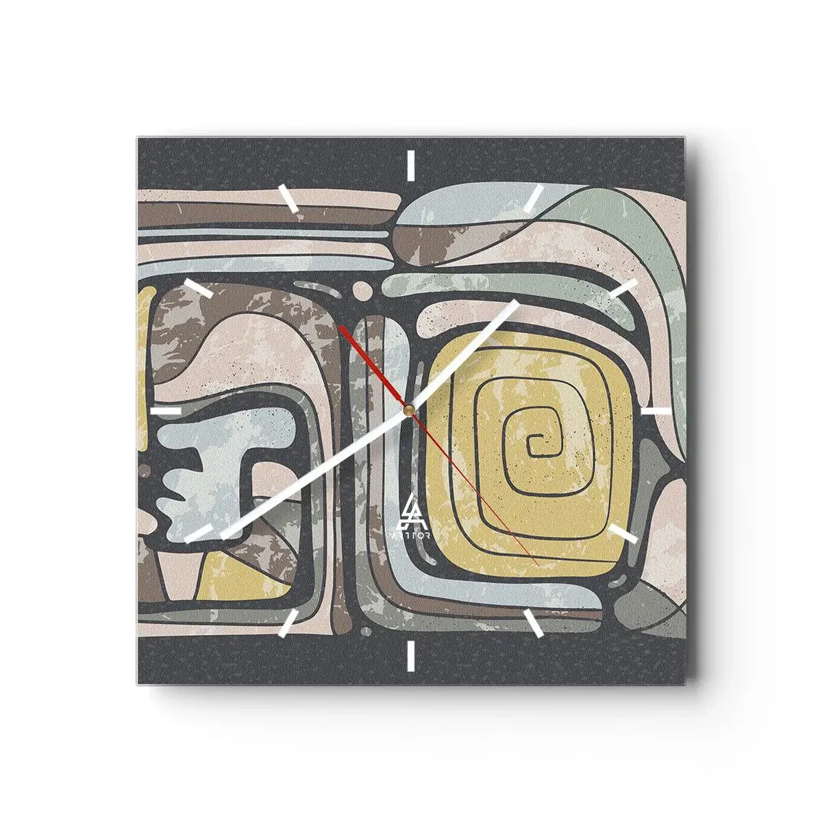 Ceas de perete - Ceas pe sticlă - Abstracție în spirit precolumbian - 30x30 cm