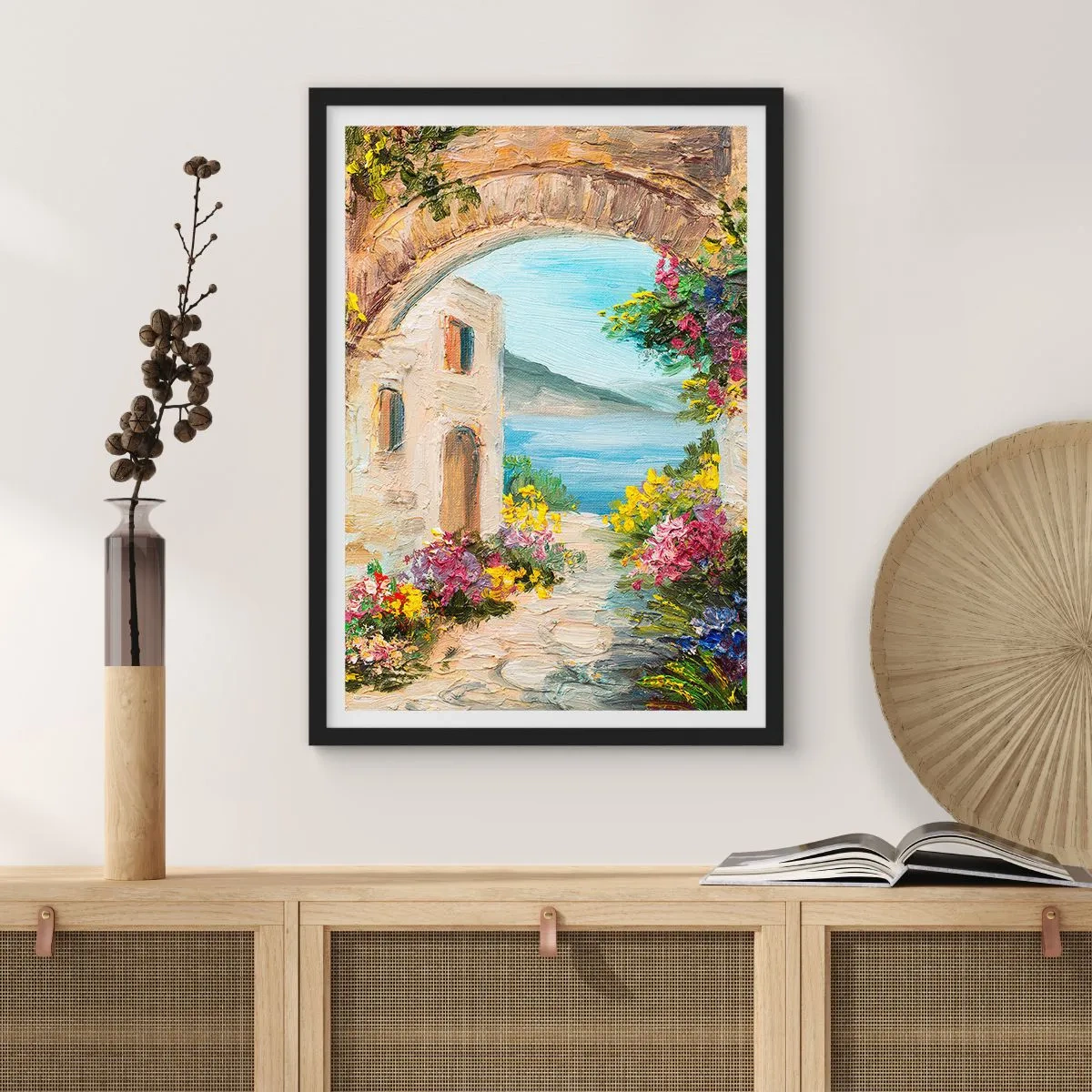 Poster în ramă neagră - Arc de piatră cu vedere la mare - 50x70cm - Farmecul peisajului de coastă - Decorațiune modernă pentru perete pentru living și dormitor ARTTOR