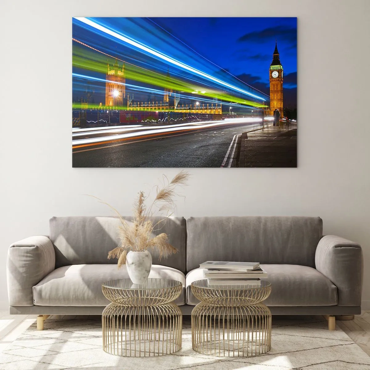 Tablou pe sticlă - Big Ben noaptea cu luminile mașinii neclare - 70x50cm - Sub ochiul lui Big Ben - Decorațiune modernă pentru perete pentru living și dormitor ARTTOR