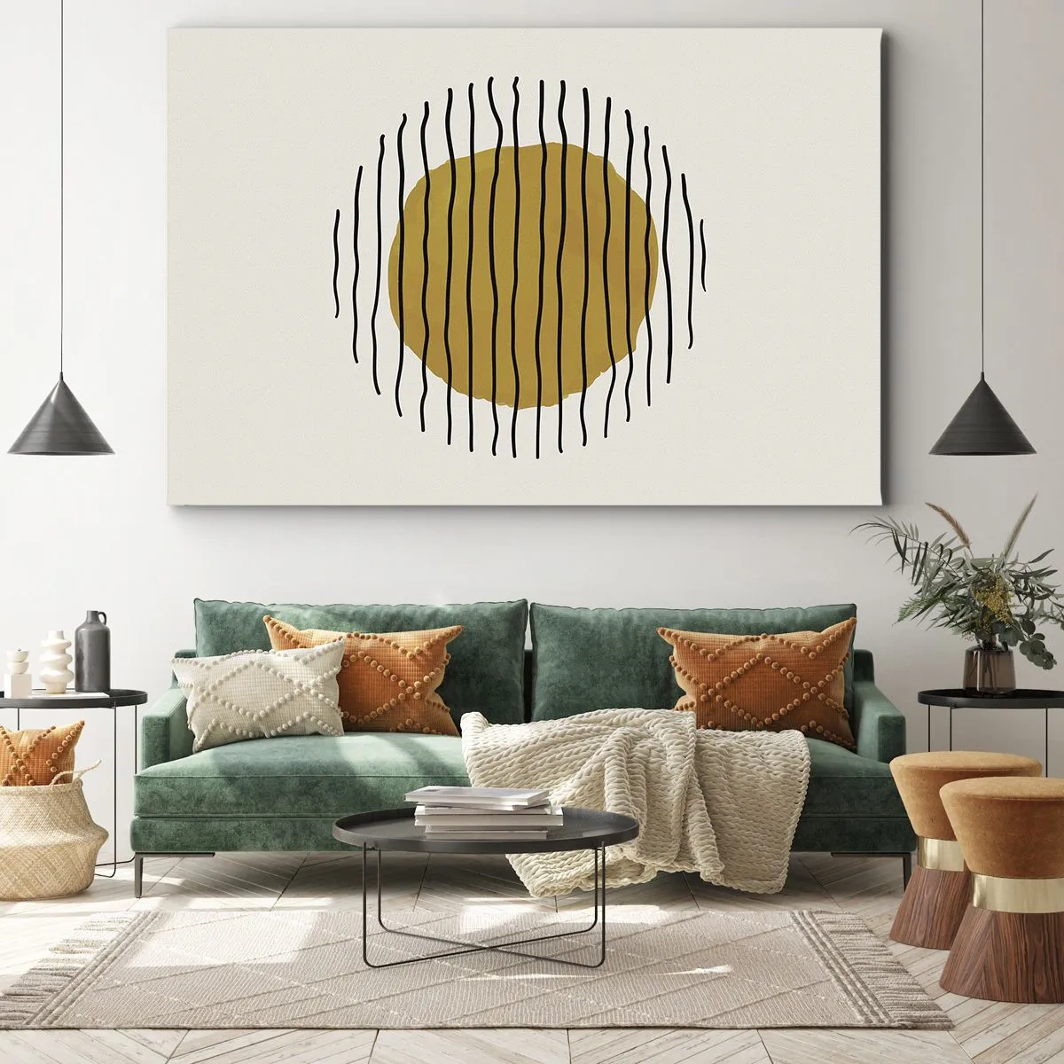 Tablou pe pânză Canvas - Un motiv minimalist cu un cerc galben și linii negre. - 70x50cm - Abstracție tremurândă de căldură - Decorațiune modernă pentru perete pentru living și dormitor ARTTOR