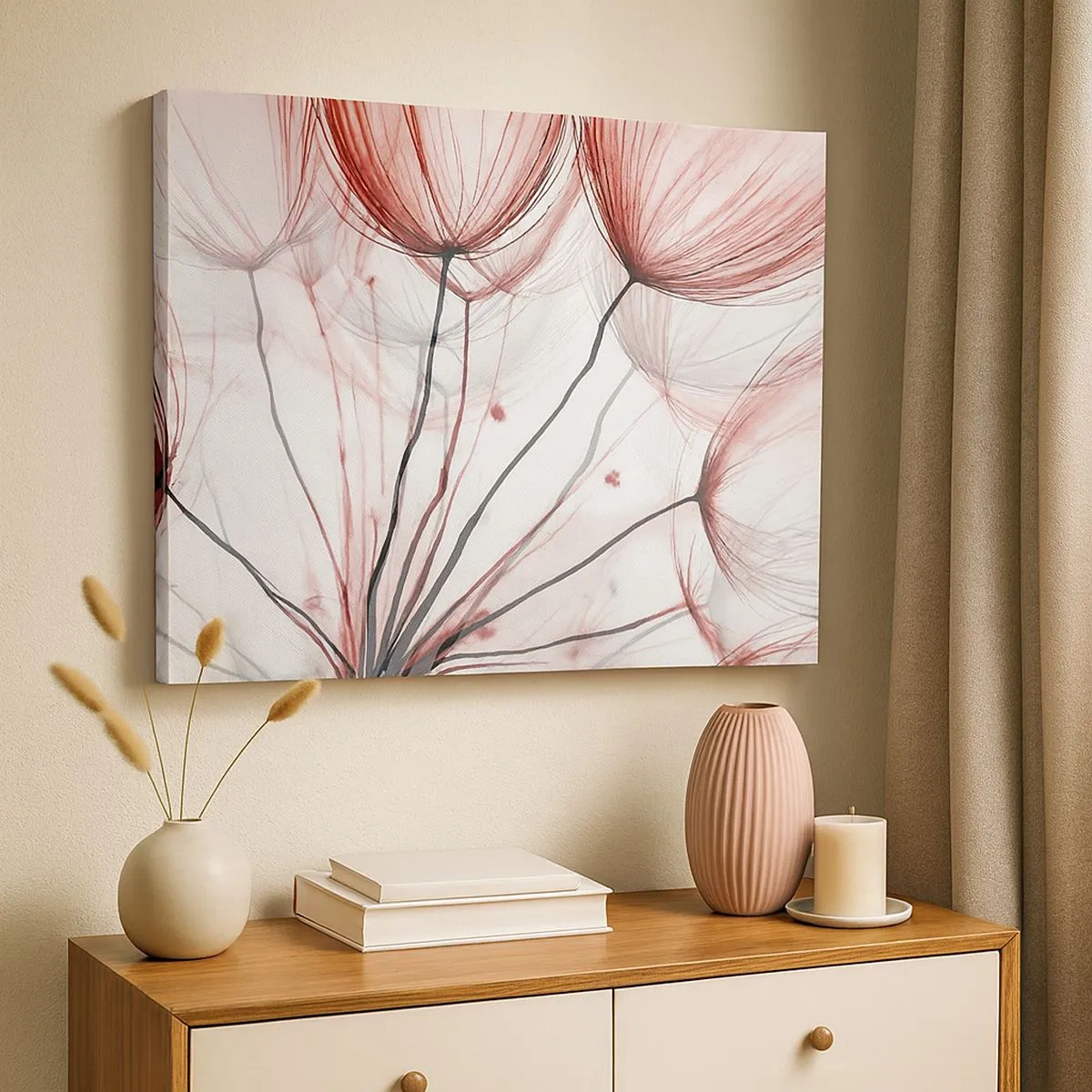 Tablou pe pânză Canvas - Flori delicate în nuanțe de roșu pe un fundal deschis - 70x50cm - Înainte de plecare - Decorațiune modernă pentru perete pentru living și dormitor ARTTOR