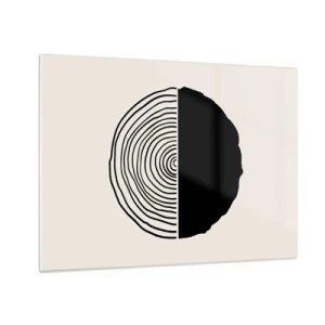 Tablou pe sticlă - O grafică minimalistă a unei secțiuni transversale a unui trunchi de copac în două jumătăți. - 70x50cm - Jumi-juma - Decorațiune modernă pentru perete pentru living și dormitor ARTTOR