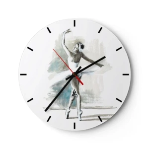 Ceas de perete - Ceas pe sticlă - O balerină într-o ținută albă surprinsă într-o poză de dans - 30x30cm - Fermecată într-o lebădă - Decorațiune modernă pentru perete pentru living, bucătărie și dormitor ARTTOR