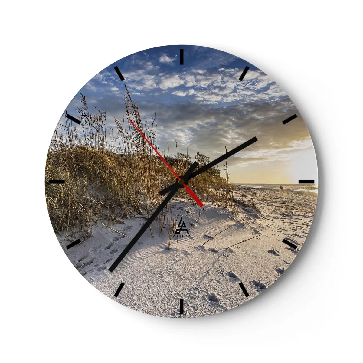Ceas de perete - Ceas pe sticlă - Plajă nisipoasă cu iarbă la apus - 30x30cm - Invitație la o plimbare - Decorațiune modernă pentru perete pentru living, bucătărie și dormitor ARTTOR