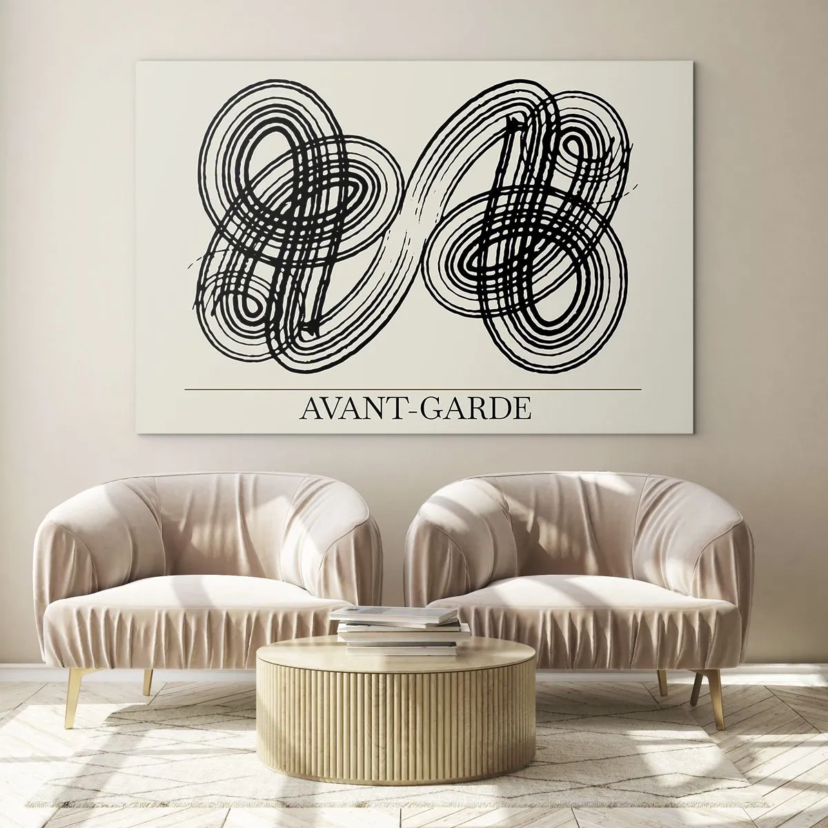 Tablou pe sticlă - Bucle și linii avangardiste negre pe un fundal deschis - 70x50cm - A apărut spontan - Decorațiune modernă pentru perete pentru living și dormitor ARTTOR