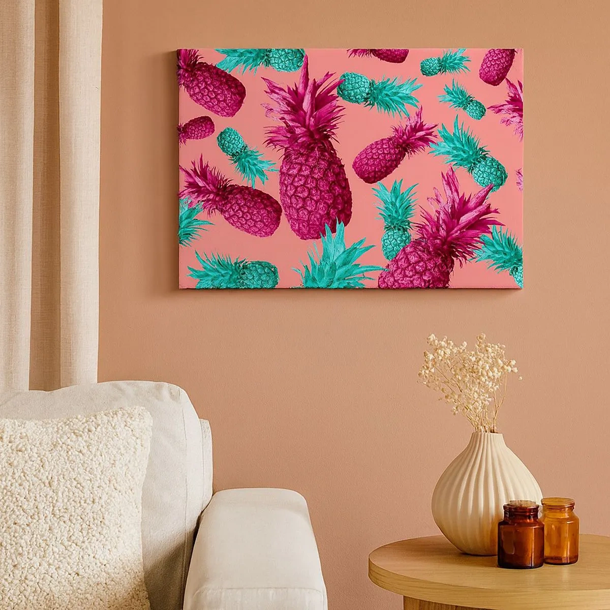 Tablou pe pânză Canvas - Ananas exotic în culori roz și turcoaz - 70x50cm - Libertatea e dulce - Decorațiune modernă pentru perete pentru living și dormitor ARTTOR