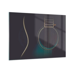 Tablou pe sticlă - Prim-plan al unei chitare acustice negre cu detalii despre coarde - 70x50cm - O clipă înainte de a suna - Decorațiune modernă pentru perete pentru living și dormitor ARTTOR