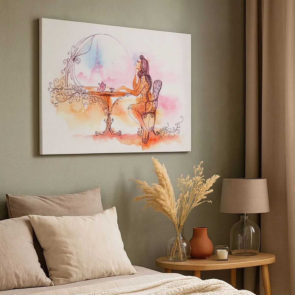 Tablou pe pânză Canvas - Acuarelă romantică a unei femei într-o cafenea cu vedere la un turn - 70x50cm - Șic parizian - Decorațiune modernă pentru perete pentru living și dormitor ARTTOR