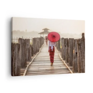 Tablou pe pânză Canvas - O femeie cu o umbrelă roșie pe un pod de lemn - 70x50cm - Pe podul vechi - Decorațiune modernă pentru perete pentru living și dormitor ARTTOR