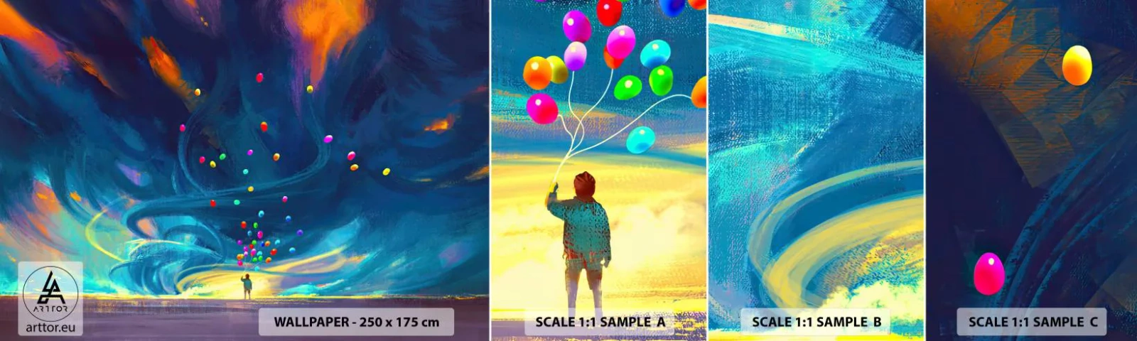 Mostră de Tapet Standard Eco - Pe un vânt albastru - Pentru copii, Baloane colorate, Abstracția - 100x30 cm