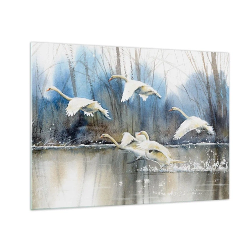 Tablou pe sticlă - lebede sălbatice zburând peste un lac liniștit din pădure - 70x50cm - Dansând cu lebedele sălbatice - Decorațiune modernă pentru perete pentru living și dormitor ARTTOR