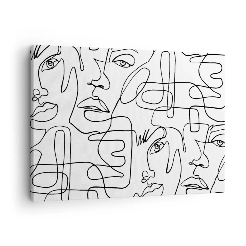 Tablou pe pânză Canvas - Un desen minimalist al unei fețe cu linii pe un fundal deschis la culoare. - 70x50cm - Într-o încurcătură de emoții - Decorațiune modernă pentru perete pentru living și dormitor ARTTOR