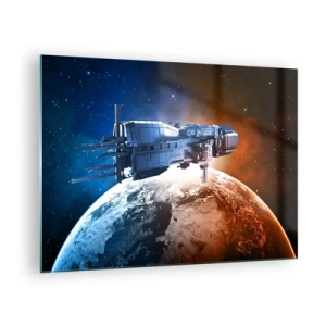 Tablou pe sticlă - O navă spațială orbitează o planetă în lumina stelelor - 70x50cm - Observator atent - Decorațiune modernă pentru perete pentru living și dormitor ARTTOR