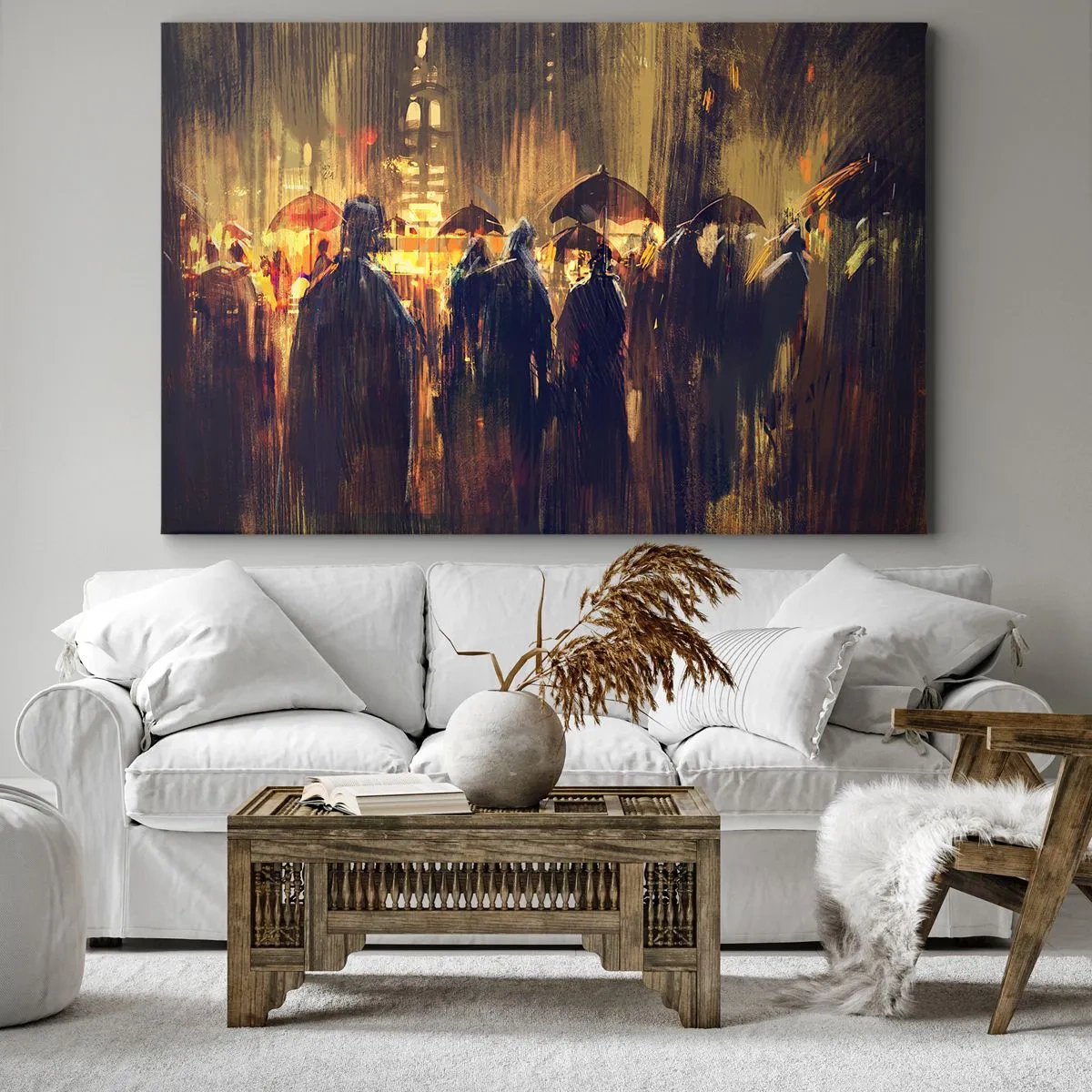 Tablou pe pânză Canvas - Figuri cu umbrele într-un oraș ploios noaptea - 70x50cm - Urmașii ploii - Decorațiune modernă pentru perete pentru living și dormitor ARTTOR
