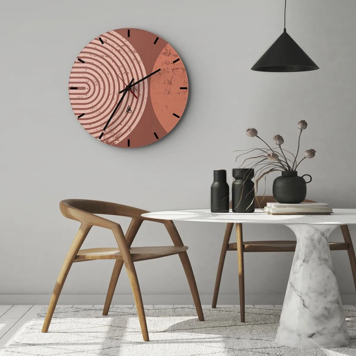 Ceas de perete - Ceas pe sticlă - Geometrie de cercuri în nuanțe de teracotă și roz - 30x30cm - Relație strânsă - Decorațiune modernă pentru perete pentru living, bucătărie și dormitor ARTTOR