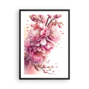 Poster în ramă neagră - Flori de cireș roz delicate în plină floare pe un fundal luminos - 50x70cm - Flori de cireș - Decorațiune modernă pentru perete pentru living și dormitor ARTTOR