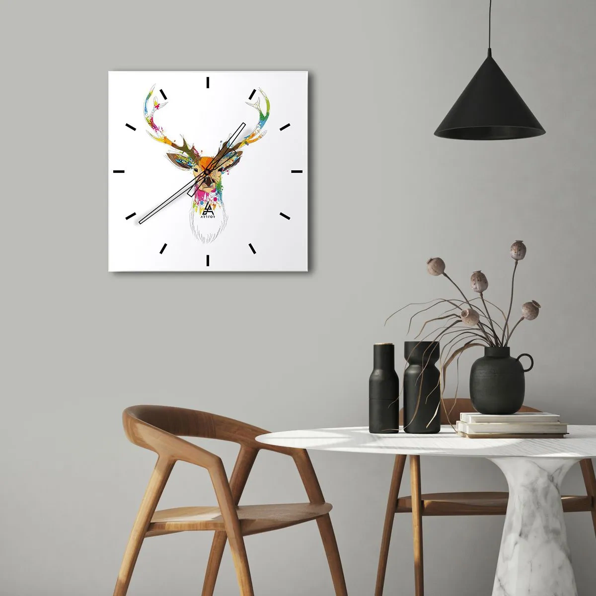 Ceas de perete - Ceas pe sticlă - Cerb blând scăldat în culoare - 30x30 cm