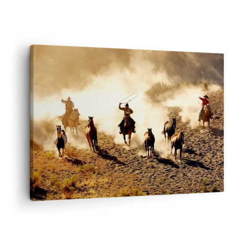 Tablou pe pânză Canvas - Cowboy călare în acțiune pe terenul deșertic - 70x50cm - Un vest cu adevărat sălbatic - Decorațiune modernă pentru perete pentru living și dormitor ARTTOR