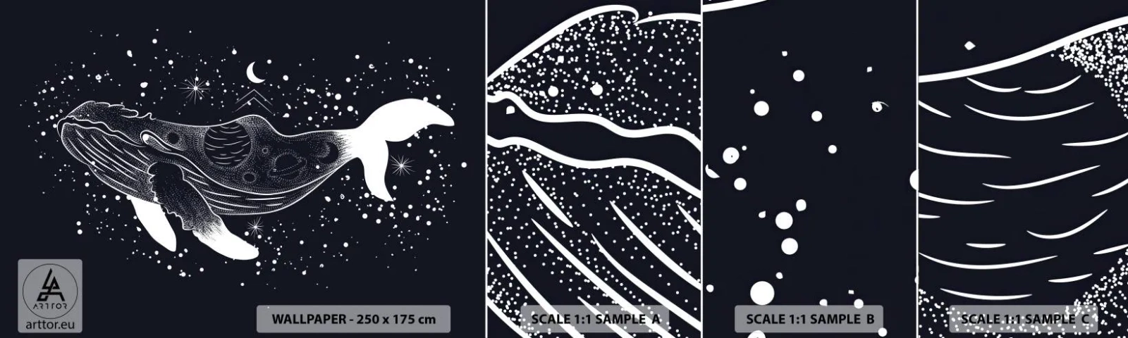 Mostră tapet autocolant Deluxe Sticker - În oceanul universului - Abstracția, Balenă, alb-negru - 100x30 cm
