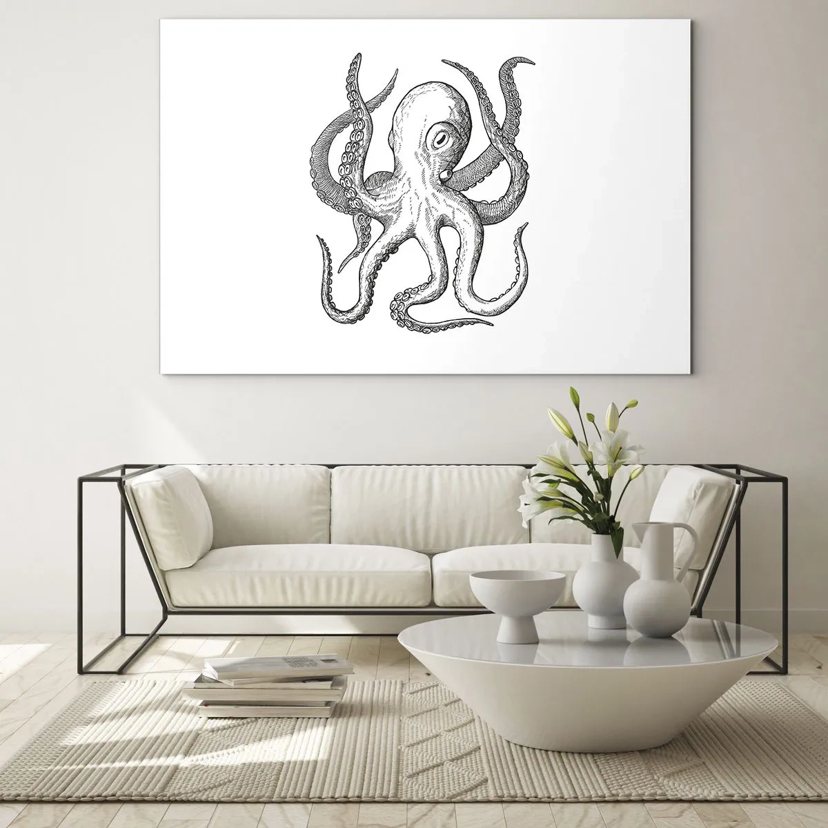 Tablou pe sticlă - Desen alb-negru al unei caracatițe pe fundal alb - 70x50cm - Dansând cu valurile - Decorațiune modernă pentru perete pentru living și dormitor ARTTOR