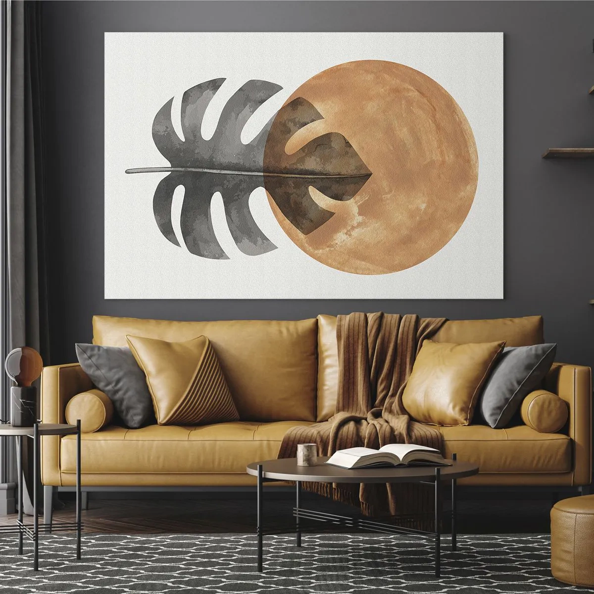 Tablou pe sticlă - Frunză de Monstera și cerc portocaliu în stil grafic pe fundal alb. - 70x50cm - Doar soarele - Decorațiune modernă pentru perete pentru living și dormitor ARTTOR