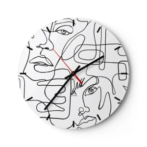 Ceas de perete - Ceas pe sticlă - Schițe de față minimaliste în linii pe fundal alb - 30x30cm - Într-o încurcătură de emoții - Decorațiune modernă pentru perete pentru living, bucătărie și dormitor ARTTOR