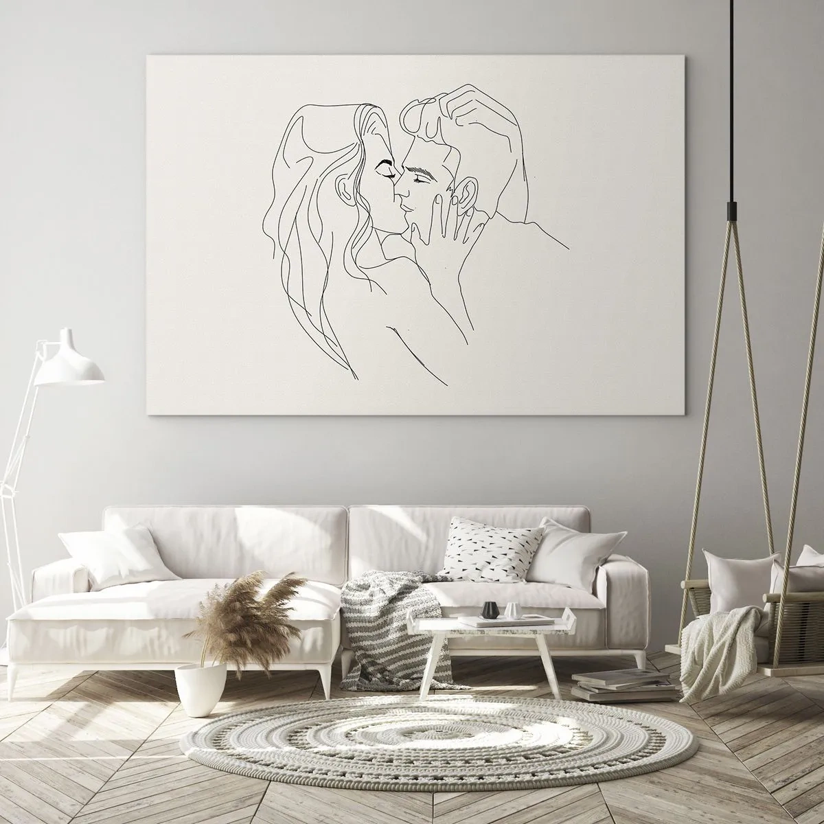 Tablou pe sticlă - Un sărut senzual al unui cuplu pe linia de contur - 70x50cm - Încurcați în sentimente - Decorațiune modernă pentru perete pentru living și dormitor ARTTOR