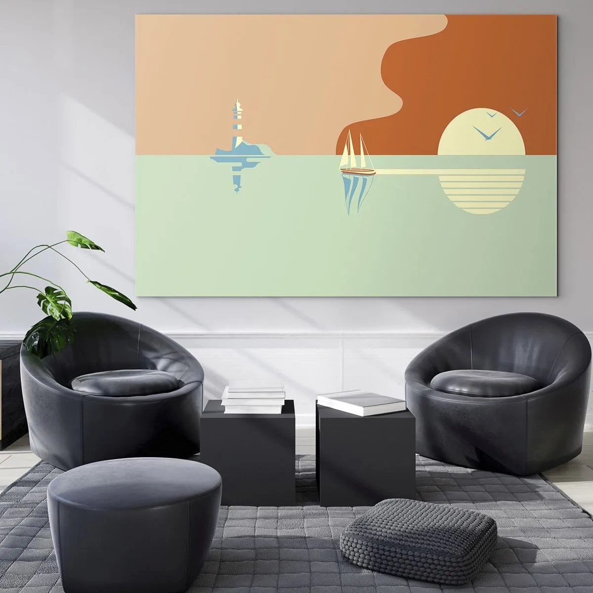 Tablou pe sticlă - Un apus de soare minimalist cu o barcă cu pânze și un far - 70x50cm - Peisaj marin perfect - Decorațiune modernă pentru perete pentru living și dormitor ARTTOR