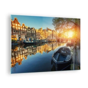 Tablou pe sticlă - Canalul din Amsterdam la apus - 70x50cm - Dimineața în Amsterdam - Decorațiune modernă pentru perete pentru living și dormitor ARTTOR