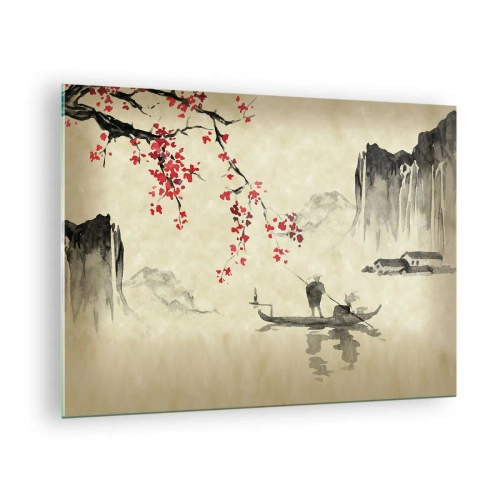 Tablou pe sticlă - Scenă de pescuit orientală cu ramură de floare de cireș și munți - 70x50cm - În țara florilor de cireș - Decorațiune modernă pentru perete pentru living și dormitor ARTTOR
