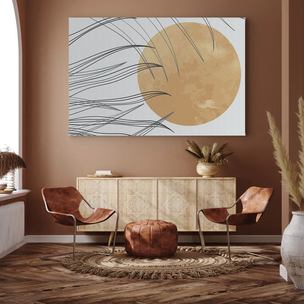 Tablou pe pânză Canvas - Fire abstracte de iarbă pe fundalul unui soare portocaliu mare - 70x50cm - Întotdeauna spre soare - Decorațiune modernă pentru perete pentru living și dormitor ARTTOR