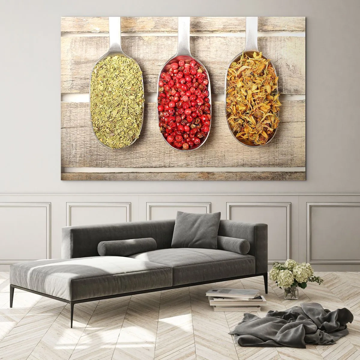 Tablou pe sticlă - Trei linguri cu condimente pe un fundal rustic de lemn - 70x50cm - Magia bucătăriei - Decorațiune modernă pentru perete pentru living și dormitor ARTTOR