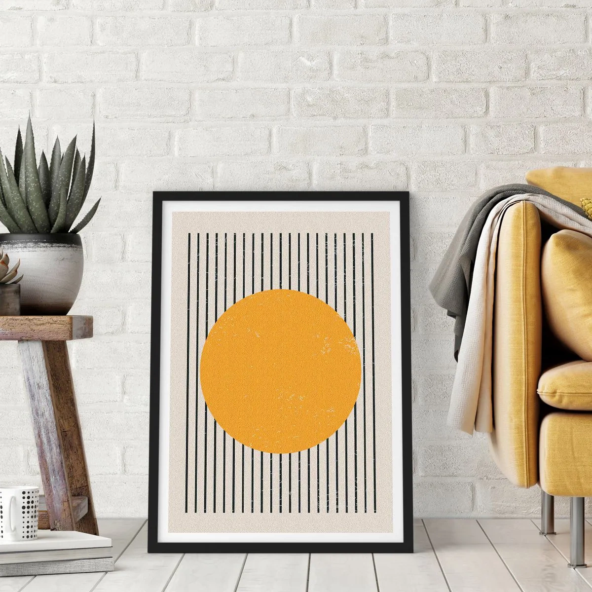 Poster în ramă neagră - Compoziție geometrică cu cerc și linii portocalii - 50x70cm - Puterea simplității - Decorațiune modernă pentru perete pentru living și dormitor ARTTOR
