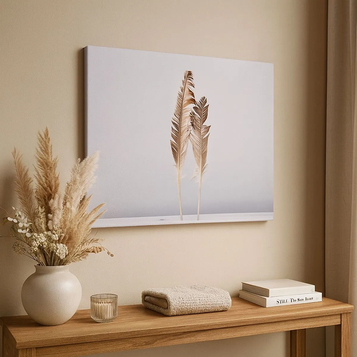 Tablou pe pânză Canvas - Pene delicate pe un fundal deschis, într-un stil minimalist - 70x50cm - Împotriva neantului - Decorațiune modernă pentru perete pentru living și dormitor ARTTOR