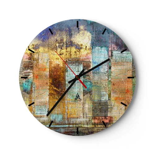 Ceas de perete - Ceas pe sticlă - Abstracție colorată inspirată de orizontul orașului - 30x30cm - Metropola însorită - Decorațiune modernă pentru perete pentru living, bucătărie și dormitor ARTTOR
