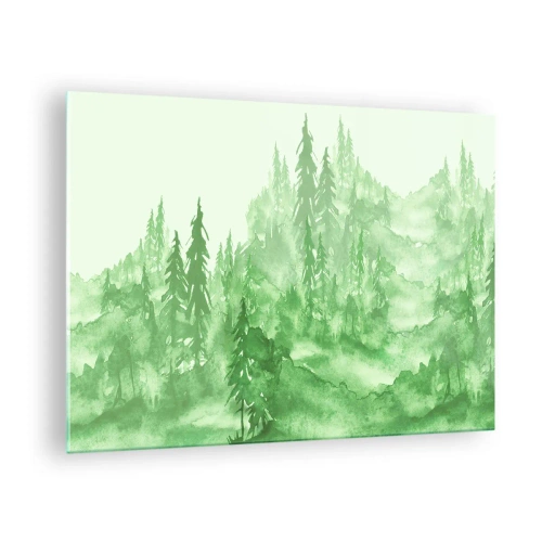 Tablou pe sticlă - Pădure verde în stil acuarelă - 70x50cm - Neclar prin ceața verde - Decorațiune modernă pentru perete pentru living și dormitor ARTTOR