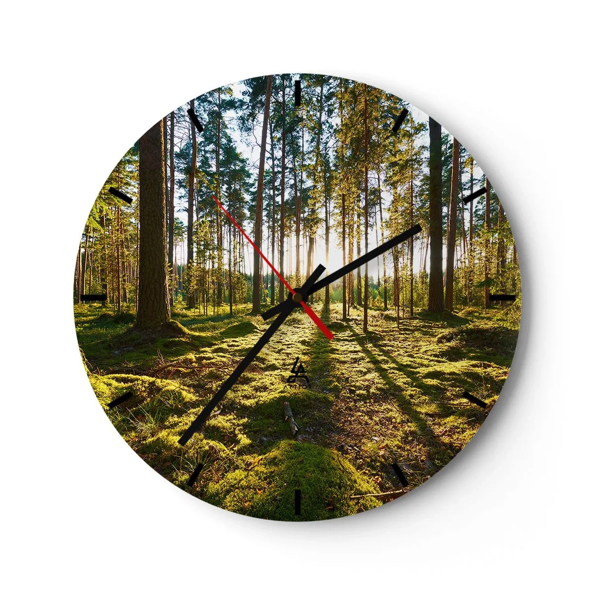 Ceas de perete - Ceas pe sticlă - Lumina soarelui strălucind prin copacii înalți din pădure - 30x30cm - Pădurea misterioasă - Decorațiune modernă pentru perete pentru living, bucătărie și dormitor ARTTOR