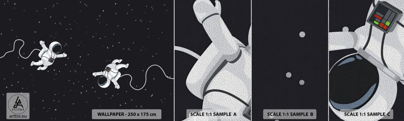 Mostră tapet Premium Sand - Dansul spațial - Abstracția, Astronaut, Cosmos - 100x30 cm