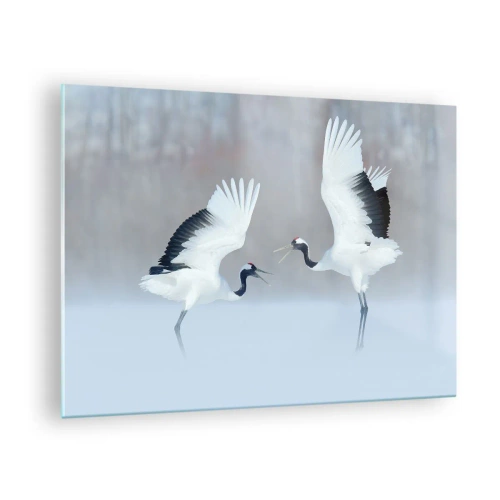 Tablou pe sticlă - Cocoari dansatori pe fundalul unui peisaj de iarnă - 70x50cm - Dansând în ceață - Decorațiune modernă pentru perete pentru living și dormitor ARTTOR