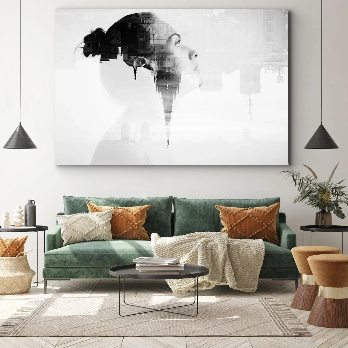 Tablou pe pânză Canvas - Portret de femeie cu conturul unui oraș în fundal, culori alb-negru - 70x50cm - Pe ambele părți ale geamului - Decorațiune modernă pentru perete pentru living și dormitor ARTTOR