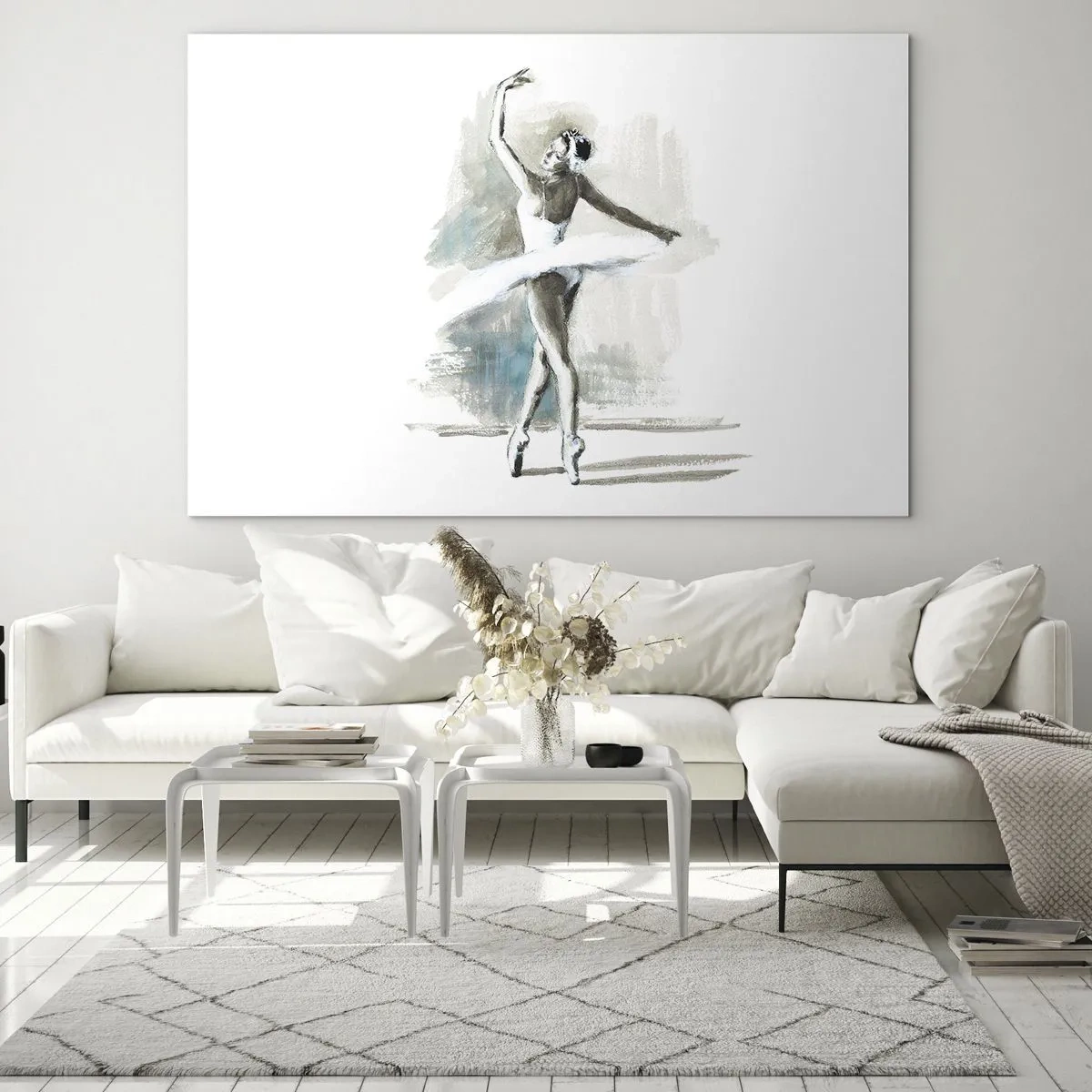 Tablou pe sticlă - O balerină într-o poză de dans clasic - 70x50cm - Fermecată într-o lebădă - Decorațiune modernă pentru perete pentru living și dormitor ARTTOR
