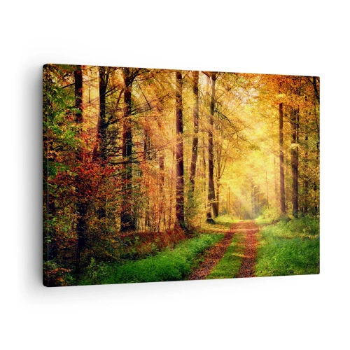Tablou pe pânză Canvas - O potecă de pădure înconjurată de copaci aurii și verzi - 70x50cm - Tăcere de aur de pădure - Decorațiune modernă pentru perete pentru living și dormitor ARTTOR